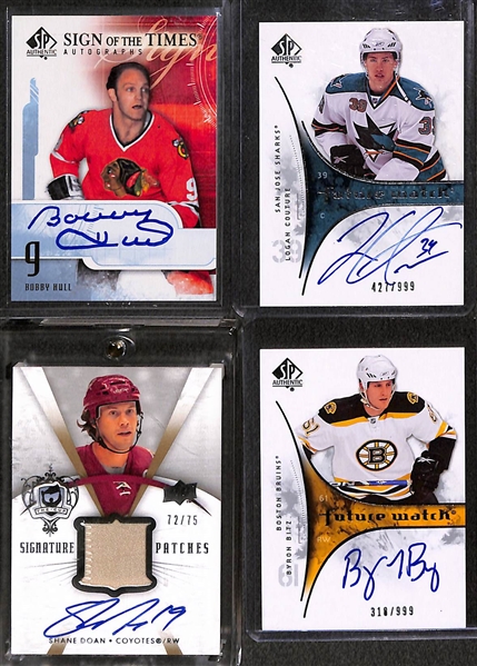 Lot of (15) Late 2000s Upper Deck Hockey Autographs inc. 2008-09 SP Authentic Sign of the Times Bobby Hull, 2009-10 SP Authentic Logan Couture Future Watch Rookie (#/999),  2007-08 The Cup Shane...