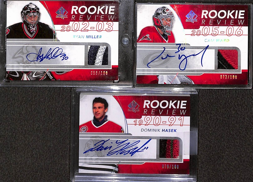 Lot of (3) 2008-09 SP Authentic Rookie Review Goalie Patch Autographs e/ (#/100) inc. Dominik Hasek, Cam Ward, Ryan Miller