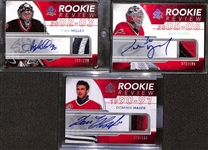 Lot of (3) 2008-09 SP Authentic Rookie Review Goalie Patch Autographs e/ (#/100) inc. Dominik Hasek, Cam Ward, Ryan Miller