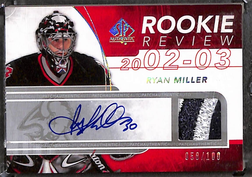 Lot of (3) 2008-09 SP Authentic Rookie Review Goalie Patch Autographs e/ (#/100) inc. Dominik Hasek, Cam Ward, Ryan Miller