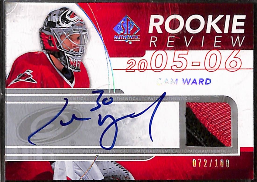 Lot of (3) 2008-09 SP Authentic Rookie Review Goalie Patch Autographs e/ (#/100) inc. Dominik Hasek, Cam Ward, Ryan Miller