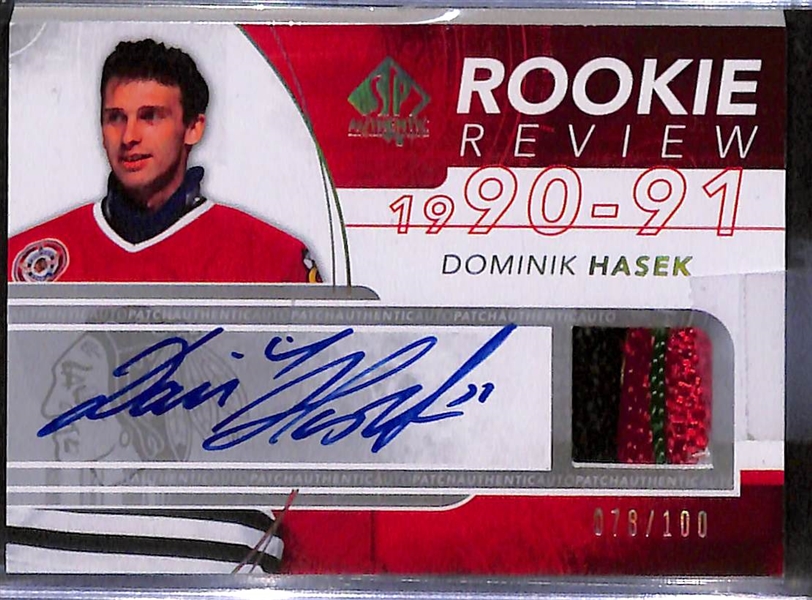 Lot of (3) 2008-09 SP Authentic Rookie Review Goalie Patch Autographs e/ (#/100) inc. Dominik Hasek, Cam Ward, Ryan Miller