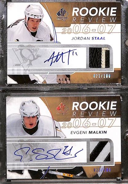 Lot of (2) 2008-09 SP Authentic Rookie Review Pittsburgh Penguins Patch Autographs e/ (#/100) inc. Evgeni Malkin, Jordan Staal 