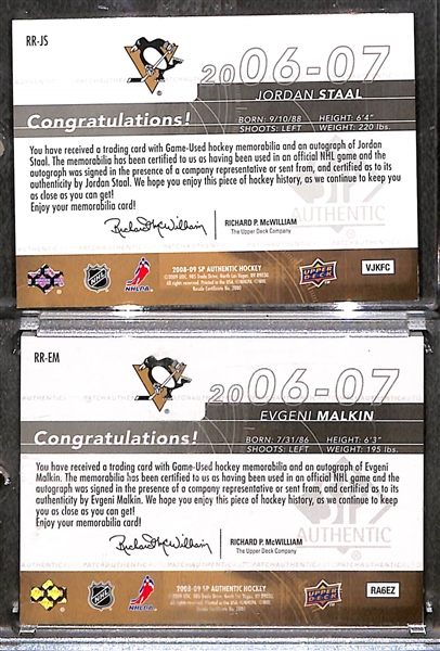 Lot of (2) 2008-09 SP Authentic Rookie Review Pittsburgh Penguins Patch Autographs e/ (#/100) inc. Evgeni Malkin, Jordan Staal 