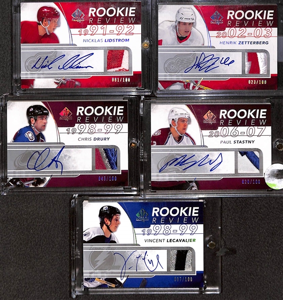 Lot of (5) 2008-09 SP Authentic Rookie Review Patch Autographs e/ (#/100) inc. Nicklas Lidstrom, Henrik Zetterberg, Chris Drury, Paul Stastny, Vincent Lecavalier