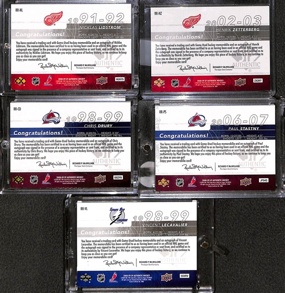 Lot of (5) 2008-09 SP Authentic Rookie Review Patch Autographs e/ (#/100) inc. Nicklas Lidstrom, Henrik Zetterberg, Chris Drury, Paul Stastny, Vincent Lecavalier