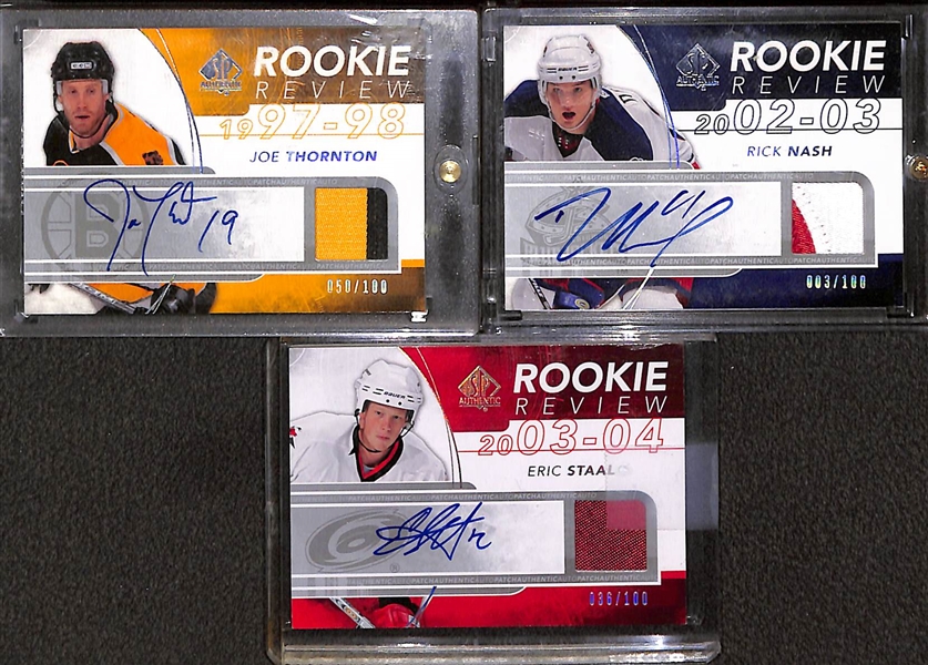 Lot of (3) 2008-09 SP Authentic Rookie Review Patch Autographs e/ (#/100) inc. Joe Thornton, Rick Nash, Eric Staal