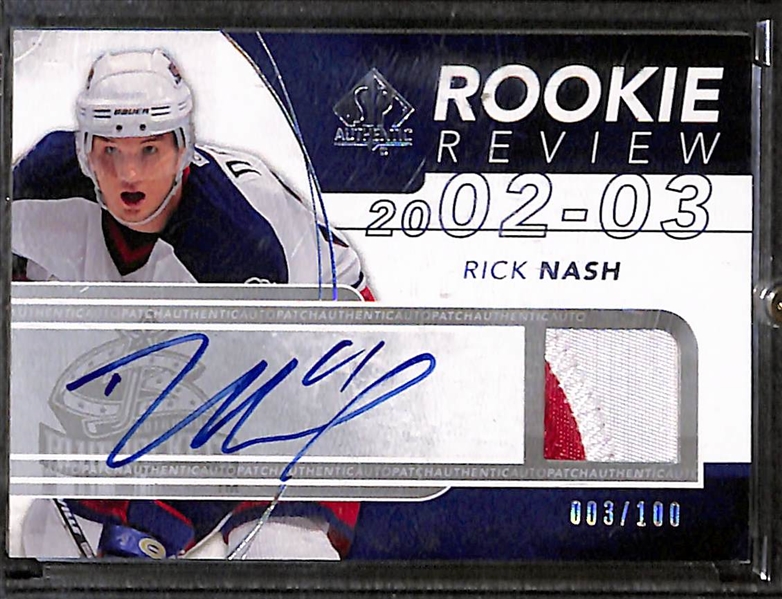 Lot of (3) 2008-09 SP Authentic Rookie Review Patch Autographs e/ (#/100) inc. Joe Thornton, Rick Nash, Eric Staal