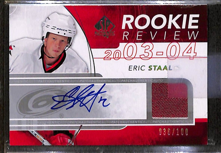 Lot of (3) 2008-09 SP Authentic Rookie Review Patch Autographs e/ (#/100) inc. Joe Thornton, Rick Nash, Eric Staal