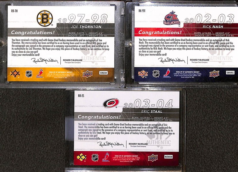 Lot of (3) 2008-09 SP Authentic Rookie Review Patch Autographs e/ (#/100) inc. Joe Thornton, Rick Nash, Eric Staal