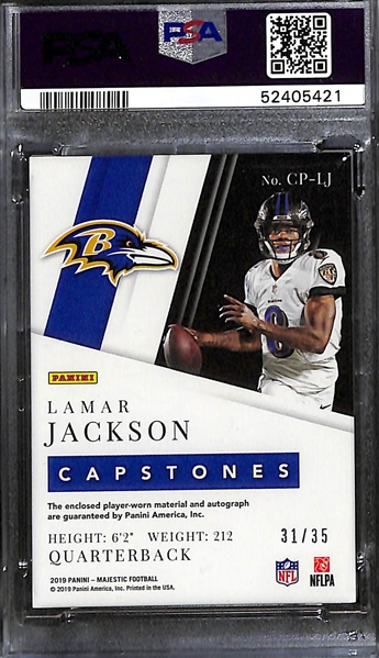 2019 Panini Majestic Lamar Jackson Capstones Autographed Relic Card Graded PSA 9 (#/35)