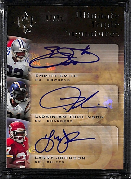 2007 Upper Deck Ultimate Collection Triple Signatures - Emmitt Smith, LaDainian Tomlinson, & Larry Johnson Triple Autograph (#14/15)