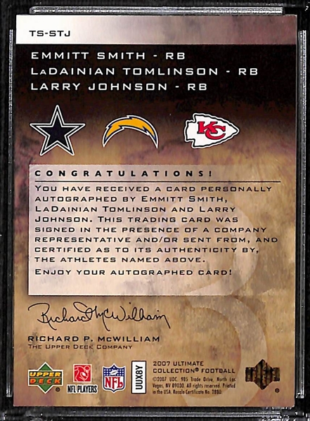 2007 Upper Deck Ultimate Collection Triple Signatures - Emmitt Smith, LaDainian Tomlinson, & Larry Johnson Triple Autograph (#14/15)