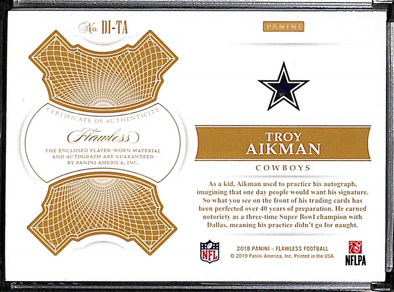 2018 Panini Flawless Troy Aikman Autographed Jersey Relic Card - Flawless Distinguished Patch Autographs #ed 3/15