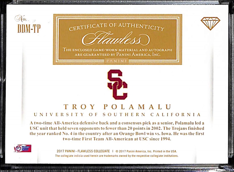 2017 Flawless Collegiate Troy Polamalu Autographed Dual Patch Card Dual Diamond Emerald