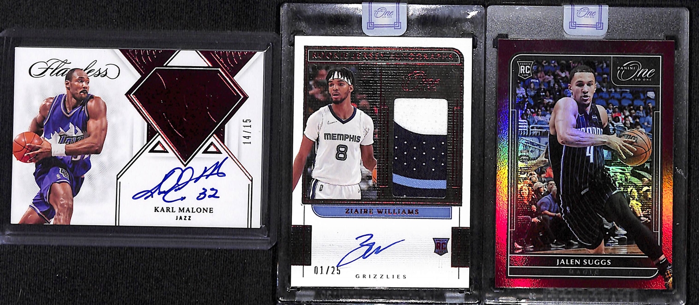 (3) 2021 Basketball Cards - Flawless Karl Malone Autographed Card (#14/15), Zaire Williams Panini One & One Rookie Patch Autograph (#1/25) and Jalen Suggs Rookie (#1/15)