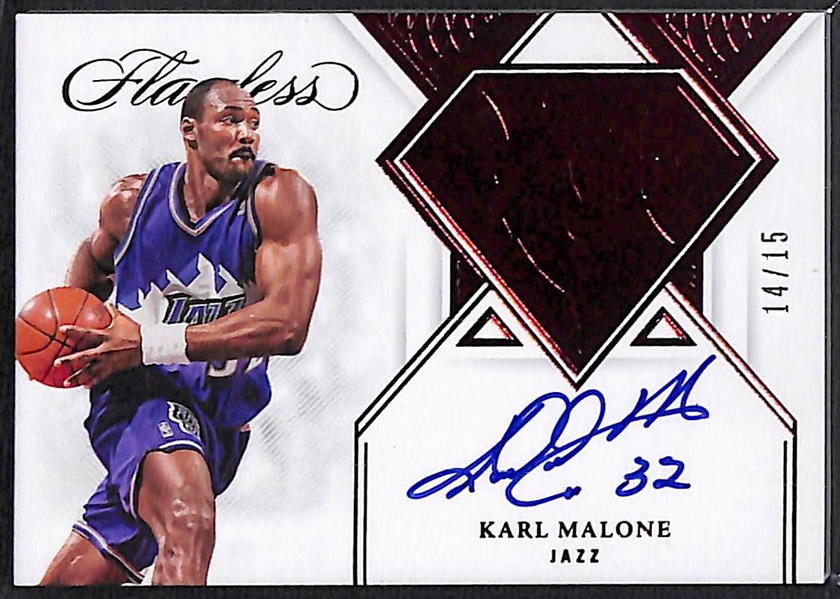 (3) 2021 Basketball Cards - Flawless Karl Malone Autographed Card (#14/15), Zaire Williams Panini One & One Rookie Patch Autograph (#1/25) and Jalen Suggs Rookie (#1/15)