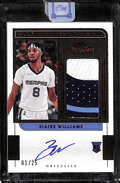 (3) 2021 Basketball Cards - Flawless Karl Malone Autographed Card (#14/15), Zaire Williams Panini One & One Rookie Patch Autograph (#1/25) and Jalen Suggs Rookie (#1/15)