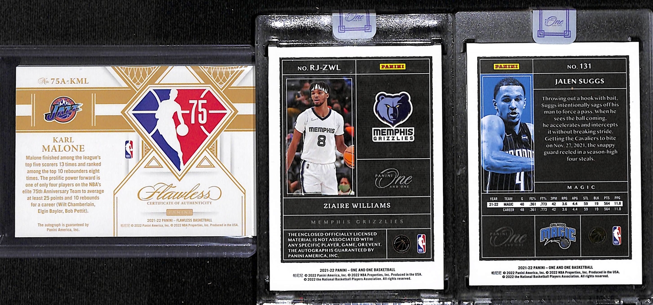 (3) 2021 Basketball Cards - Flawless Karl Malone Autographed Card (#14/15), Zaire Williams Panini One & One Rookie Patch Autograph (#1/25) and Jalen Suggs Rookie (#1/15)