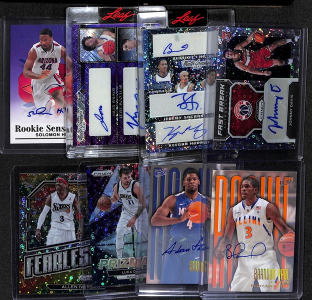 Lot of (8) Mostly Autographed Modern Basketball Cards w. 2022-23 Prizm Johnny Davis Fast Break Autograph and 2023 Leaf Multi Graphics Mathurin/Sochan/Murray/Williams/Jovic/Moore #d /7 and More!