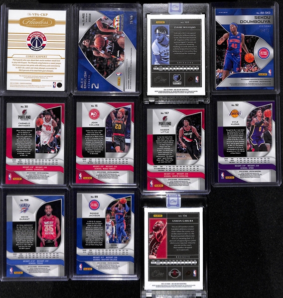 Lot of (11) Basketball Cards w. Cory Kispert Flawless Rookie Patch Autograph (#/10), Alex English Autograph (#49), and Ziaire Williams Rookie Card (#/5)