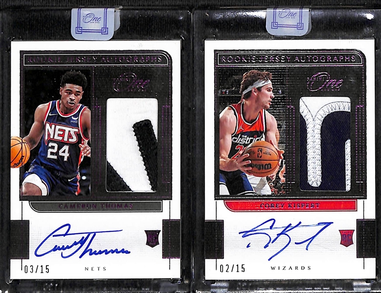 Lot of (2) Panini One and One Basketball Rookie Patch Autographs Cameron Thomas (#/15) and Cory Kispert (#/15)