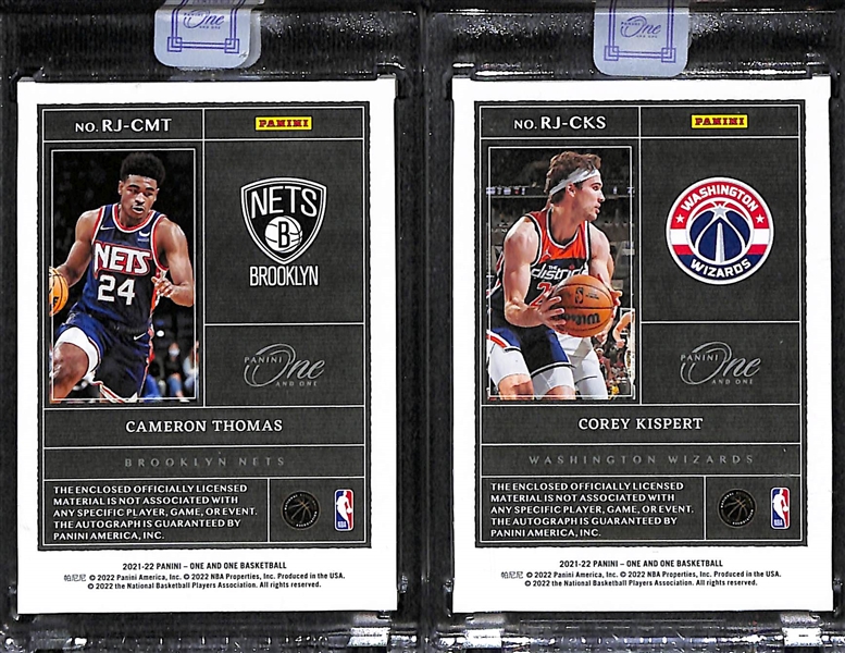 Lot of (2) Panini One and One Basketball Rookie Patch Autographs Cameron Thomas (#/15) and Cory Kispert (#/15)