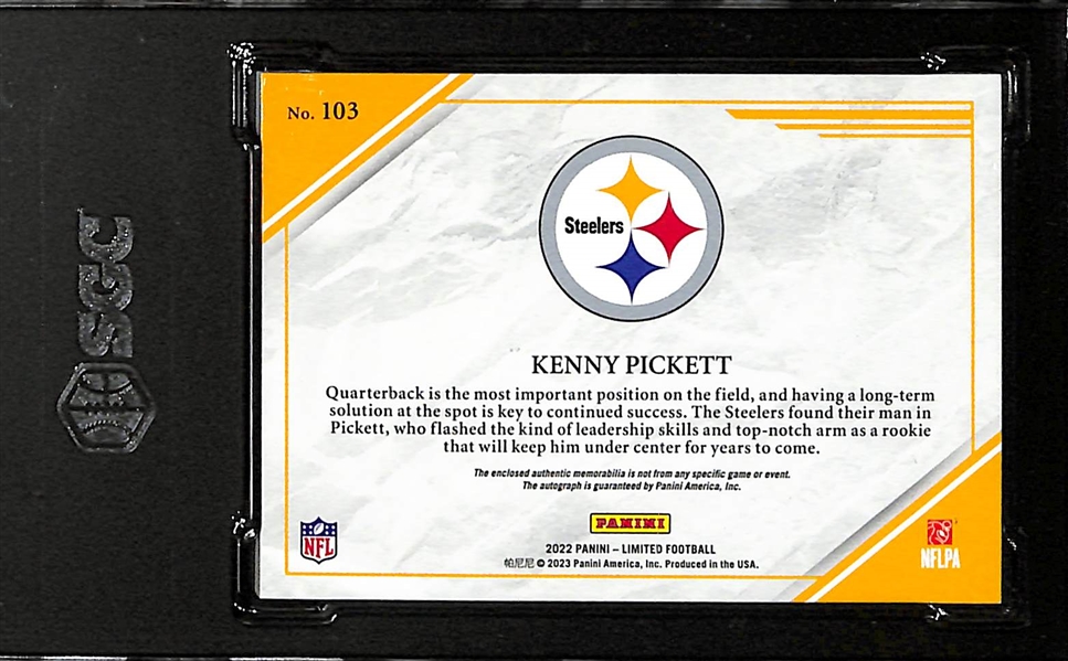 2022 Limited Kenny Pickett Rookie Patch Autograph Gold Spotlight #d /75 and Graded SGC 9/10 Auto