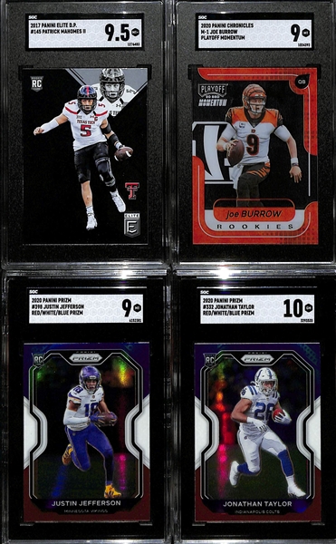 Lot of (4) SGC Graded NFL Rookie Cards w. 2017 Elite Draft Picks Patrick Mahomes SGC 9.5, 2020 Chronicles Joe Burrow Playoff Momentum Graded SGC 9 and More