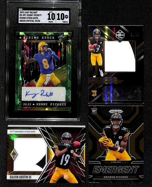 Lot of (4) Pittsburgh Steelers Rookie Lot w. 2022 Leaf Valiant Kenny Pickett Rising Stock Auto Green Crystals #d /30 Graded SGC 10/10 Auto