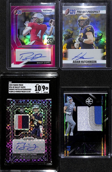 Bailey Zappe and Aidan Hutchinson Rookie Lot w. 2022 Prizm Bailey Zappe RPA Purple Power #d /49, 2022 Limited Aiden Hutchenson RPA #d /25, and More