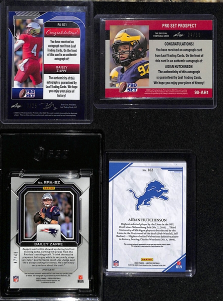 Bailey Zappe and Aidan Hutchinson Rookie Lot w. 2022 Prizm Bailey Zappe RPA Purple Power #d /49, 2022 Limited Aiden Hutchenson RPA #d /25, and More