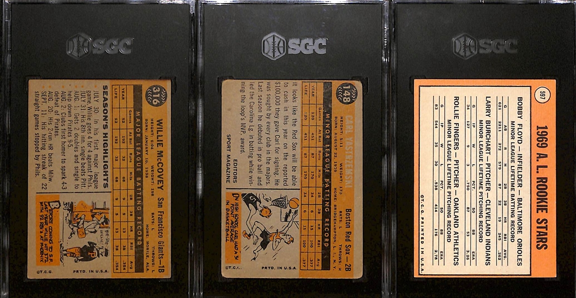 Lot of (3) SGC Graded Topps Rookie Baseball Cards Inc. 1960 Willie McCovey (SGC 2), 1960 Carl Yastrzemski (SGC 1), and 1969 Rollie Fingers (SGC 5)