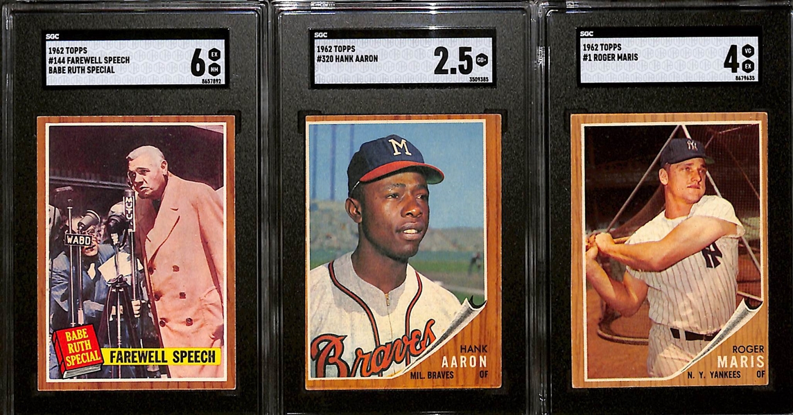 Lot of (3) SGC Graded 1962 Topps Baseball Cards Inc. Hank Aaron (SGC 2.5), Roger Maris (SGC 4), and Farewell Speech Babe Ruth Special (SGC 6)