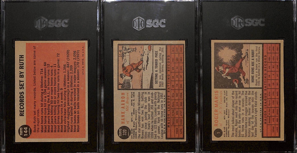 Lot of (3) SGC Graded 1962 Topps Baseball Cards Inc. Hank Aaron (SGC 2.5), Roger Maris (SGC 4), and Farewell Speech Babe Ruth Special (SGC 6)