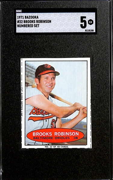 Lot of (3) SGC Graded Baseball Cards Inc. 1964 Bazooka Bob Clemente (Hand Cut) (SGC 1.5), 1969 Nabisco Team Flakes Brooks Robinson (Hand Cut) (SGC 6), and 1971 Bazooka Brooks Robinson Numbered Set...