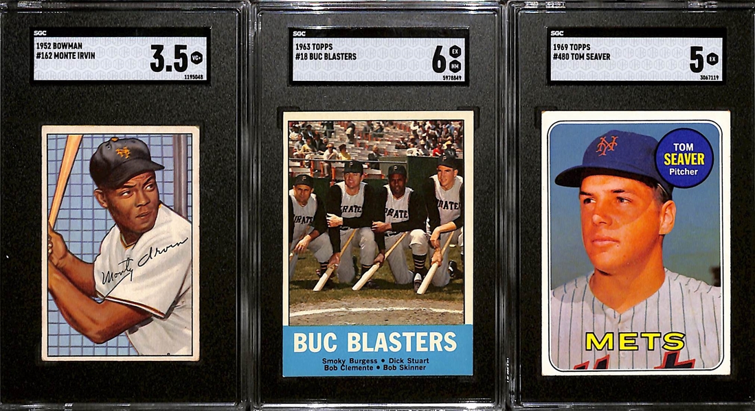 Lot of (3) SGC Graded Baseball Cards Inc. 1952 Bowman Monte Irvin (SGC 3.5), 1963 Topps Buc Blasters w. Roberto Clemente (SGC 6), and 1969 Topps Tom Seaver (SGC 5)