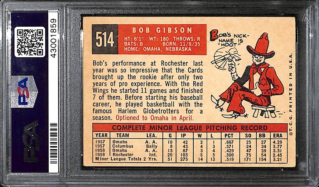 1959 Topps Bob Gibson Rookie Card #514 Graded PSA 4