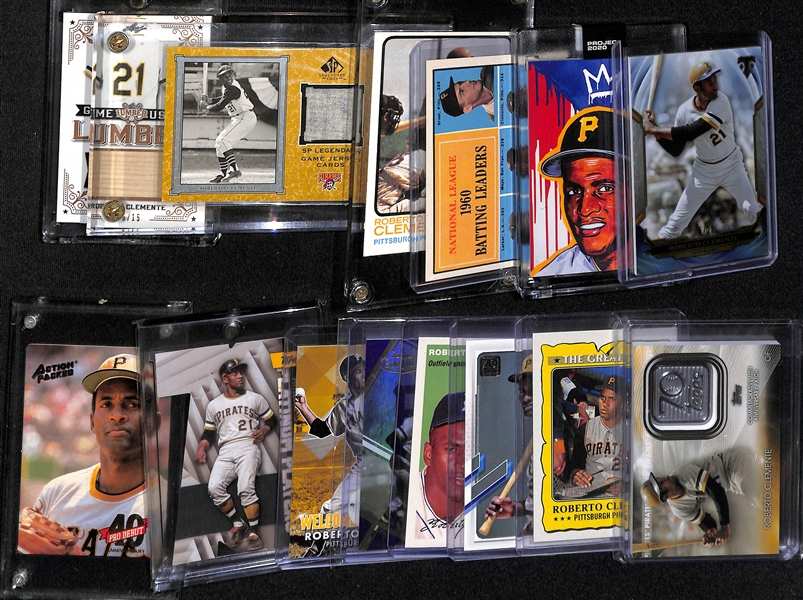 Lot of (14) Roberto Clemente Cards Including 2021 Leaf Lumber Game Used Bat #d /15, 1973 Topps # 50 and More