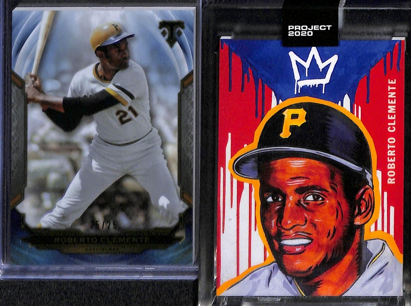 Lot of (14) Roberto Clemente Cards Including 2021 Leaf Lumber Game Used Bat #d /15, 1973 Topps # 50 and More