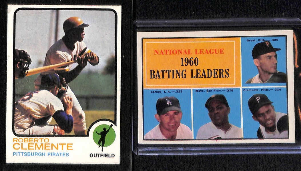 Lot of (14) Roberto Clemente Cards Including 2021 Leaf Lumber Game Used Bat #d /15, 1973 Topps # 50 and More