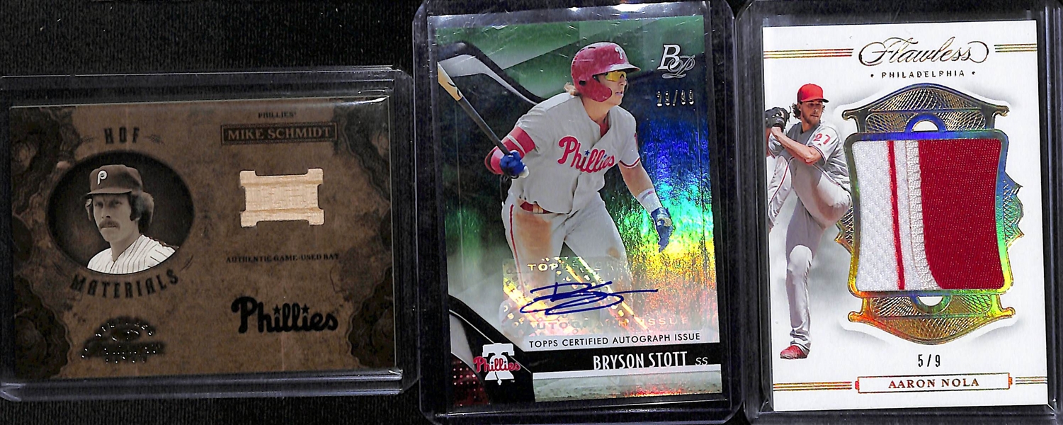 Lot of (20+) Philadelphia Phillies Autograph and Relic Cards w. 2003 Donruss Timeless Treasures Mike Schmidt GU Bat Relic, 2022 Bowman Platinum Bryson Stott Auto #d /99, More