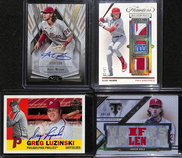 Lot of (20+) Philadelphia Phillies Autograph and Relic Cards w. 2003 Donruss Timeless Treasures Mike Schmidt GU Bat Relic, 2022 Bowman Platinum Bryson Stott Auto #d /99, More