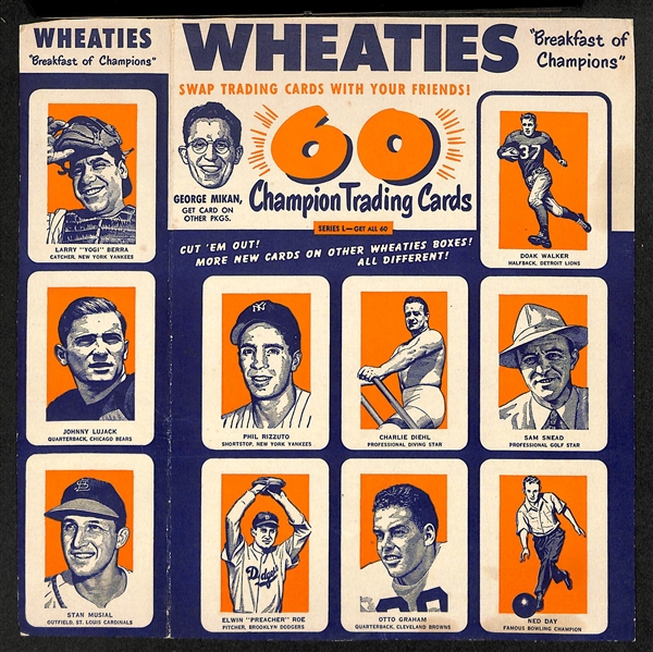 1952 Wheaties Box - Full Back & Side Panel w. 10 Cards - Includes Yogi Berra