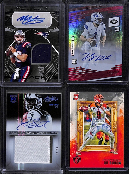 Lot of (21) Quarterback Rookie Cards including Mac Jones Patch Autograph (#/99), Zach Wilson Autograph, Geno Smith Patch Autograph, Joe Burrow and more