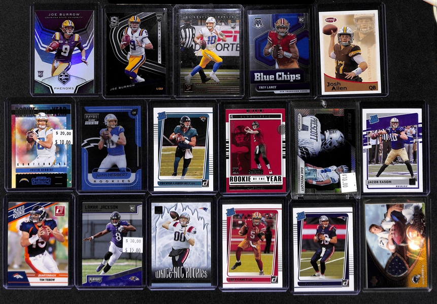 Lot of (21) Quarterback Rookie Cards including Mac Jones Patch Autograph (#/99), Zach Wilson Autograph, Geno Smith Patch Autograph, Joe Burrow and more