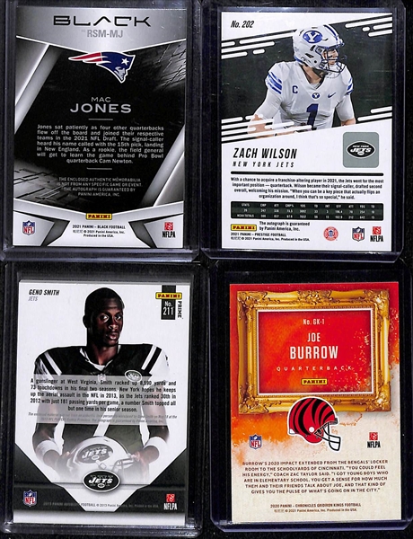 Lot of (21) Quarterback Rookie Cards including Mac Jones Patch Autograph (#/99), Zach Wilson Autograph, Geno Smith Patch Autograph, Joe Burrow and more