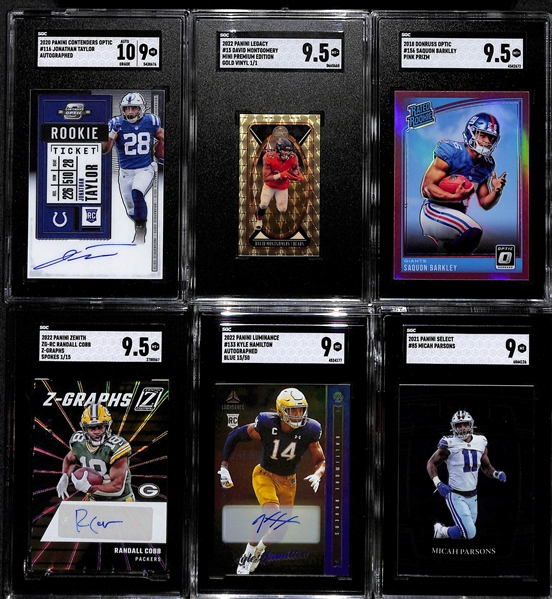 Lot of (6) SGC Graded Football Cards including Jonathan Taylor Contenders Optic Rookie Autograph (9), David Montgomery Gold Vinyl (#/1) (9.5), and more