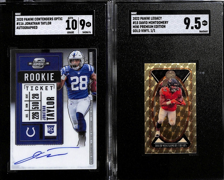 Lot of (6) SGC Graded Football Cards including Jonathan Taylor Contenders Optic Rookie Autograph (9), David Montgomery Gold Vinyl (#/1) (9.5), and more