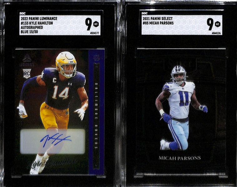 Lot of (6) SGC Graded Football Cards including Jonathan Taylor Contenders Optic Rookie Autograph (9), David Montgomery Gold Vinyl (#/1) (9.5), and more